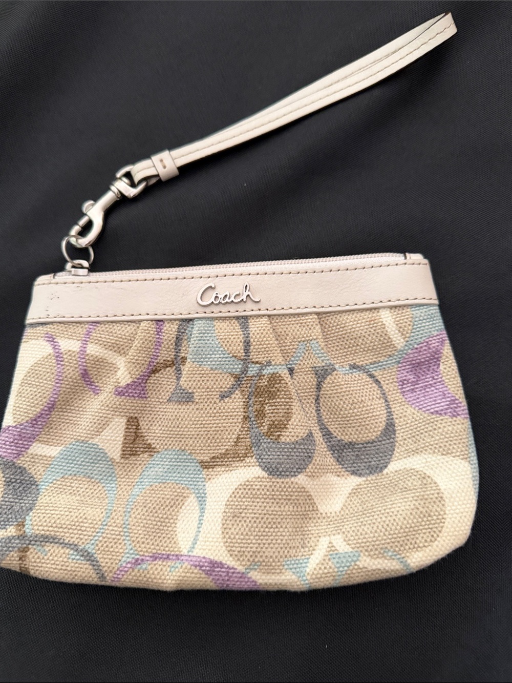 Coach SoHo Optic Linen Pleated Wristlet in Beige with Blue and Purple Accents